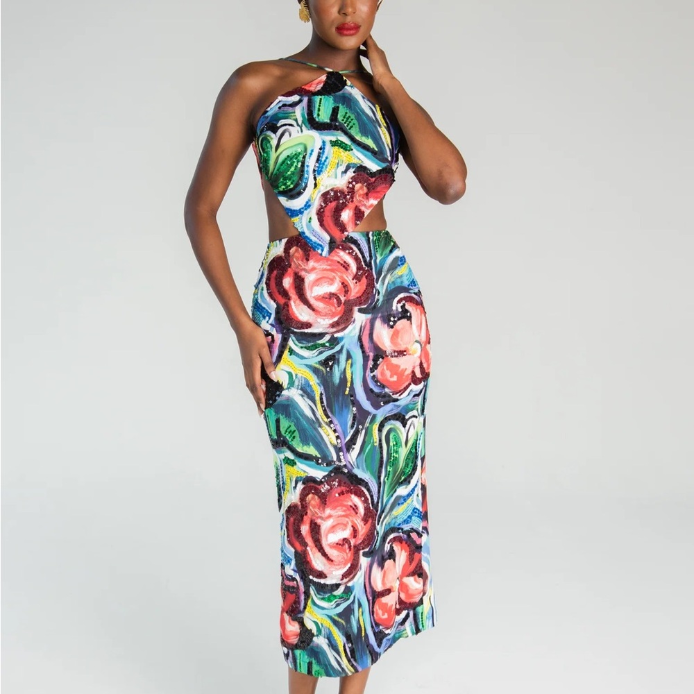 NWT Toluwa Midi Dress Floral Halter Dress with Sequins and Bold Colors